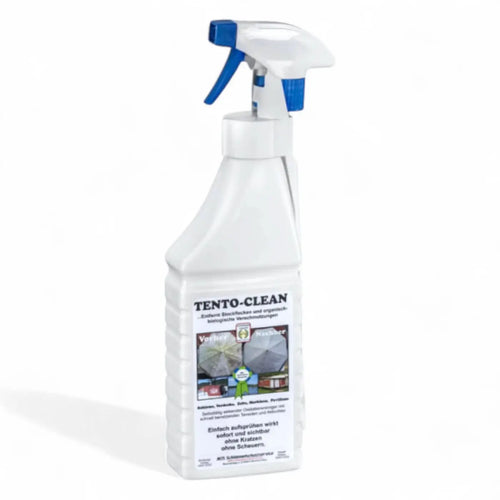 Weiße kunststoff-sprühflasche mit blauem abzug und etikett tento-clean für 1l stockfleckenentferner auf outdoorstoffen