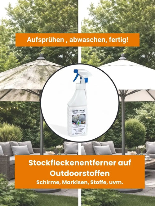 Weiße spraysflasche mit blauem trigger und tento-clean etikett für mts original tento-clean 1l stockfleckenentferner auf outdoorstoffen