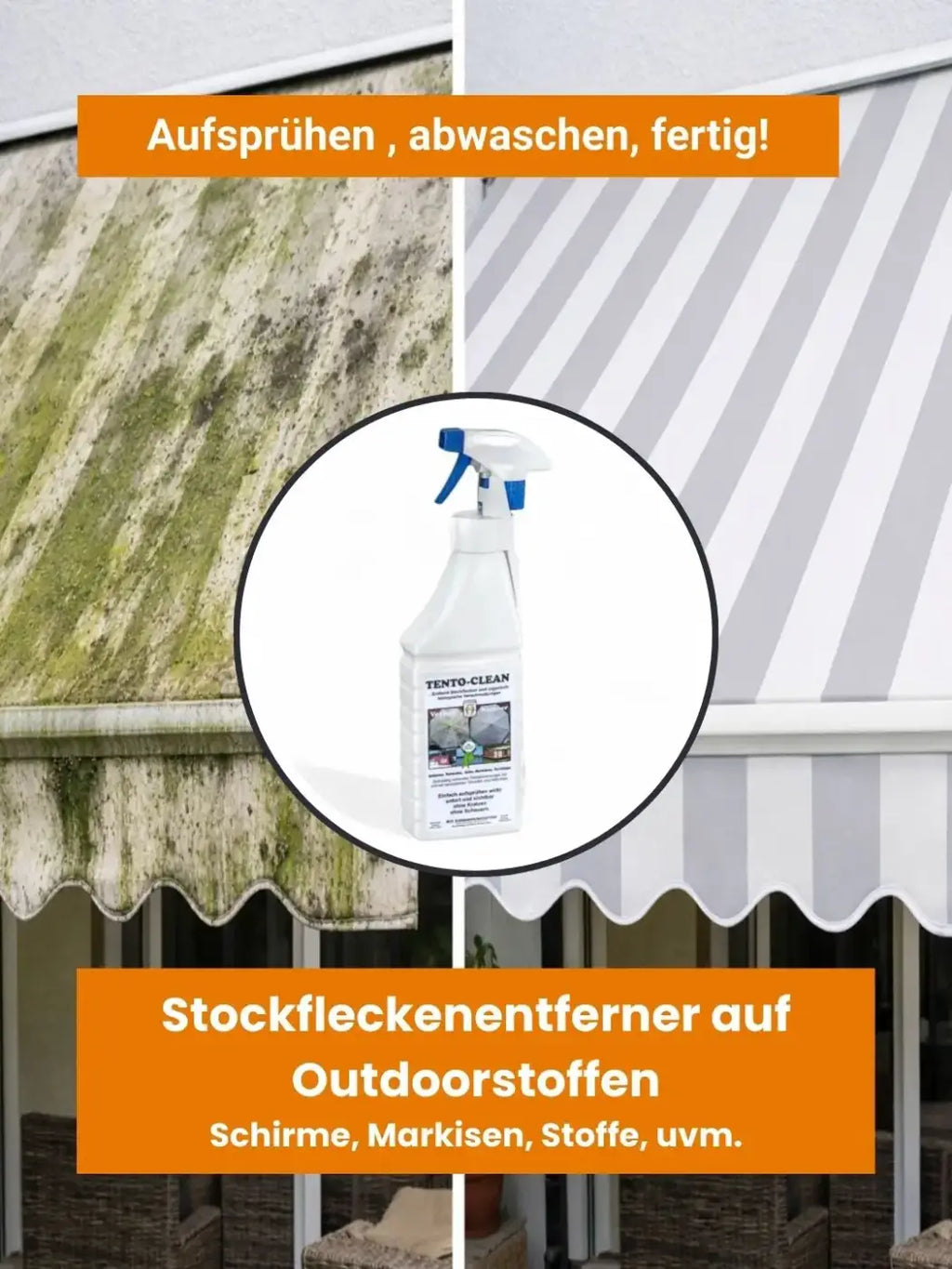 Weiße sprühflasche mit blauem trigger und etikett tento-clean für outdoorstoff fleckenentferner 1l
