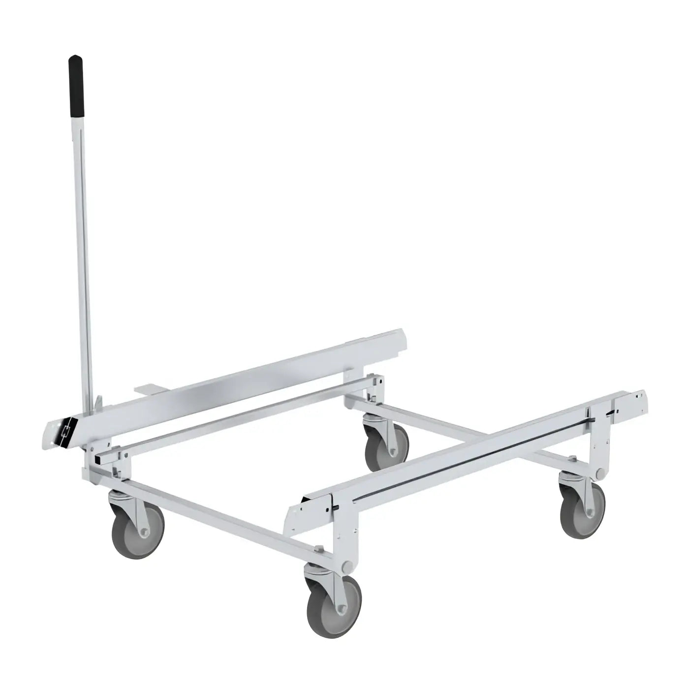 Silberner aluminum handwagen mit schwarzem griff und grauen lenkrollen für munk fahrwerk podesttreppen