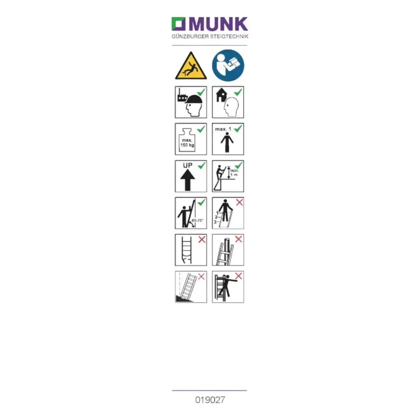 Munk sicherheitshinweis-aufkleber für plattformleitern bis 2,5 m mit sicherheitspiktogrammen und klarer beschriftung