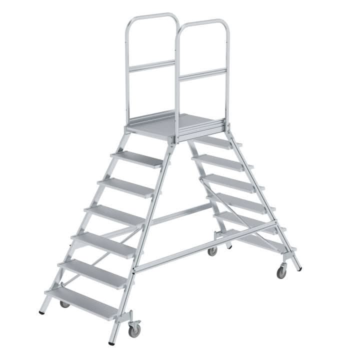 MUNK Podesttreppe beidseitig begehbar mit Federrollen Aluminium geriffelt.
