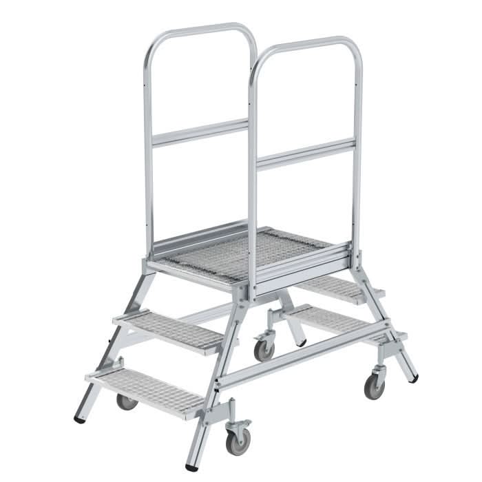 MUNK Podesttreppe beidseitig begehbar mit Federrollen Stahl Gitterrost.