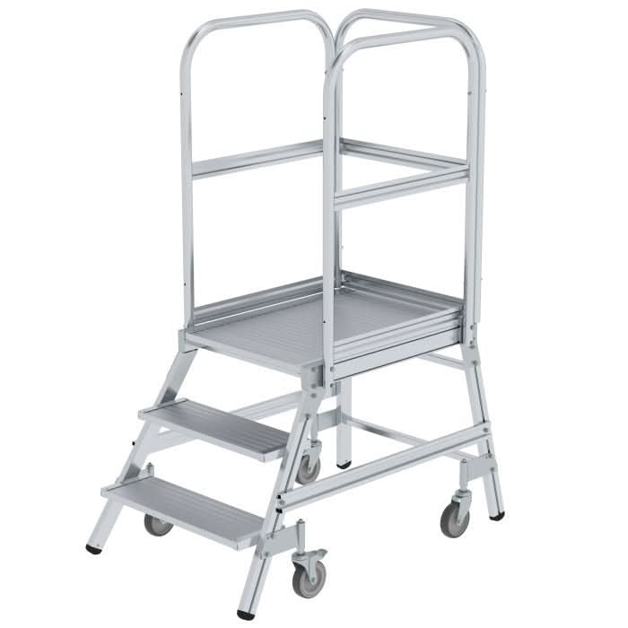 MUNK Podesttreppe einseitig begehbar mit Federrollen Aluminium geriffelt.