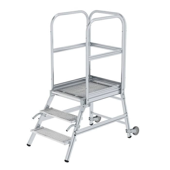 MUNK Podesttreppe einseitig begehbar mit Rollen und Griffen Stahl-Gitterrost.