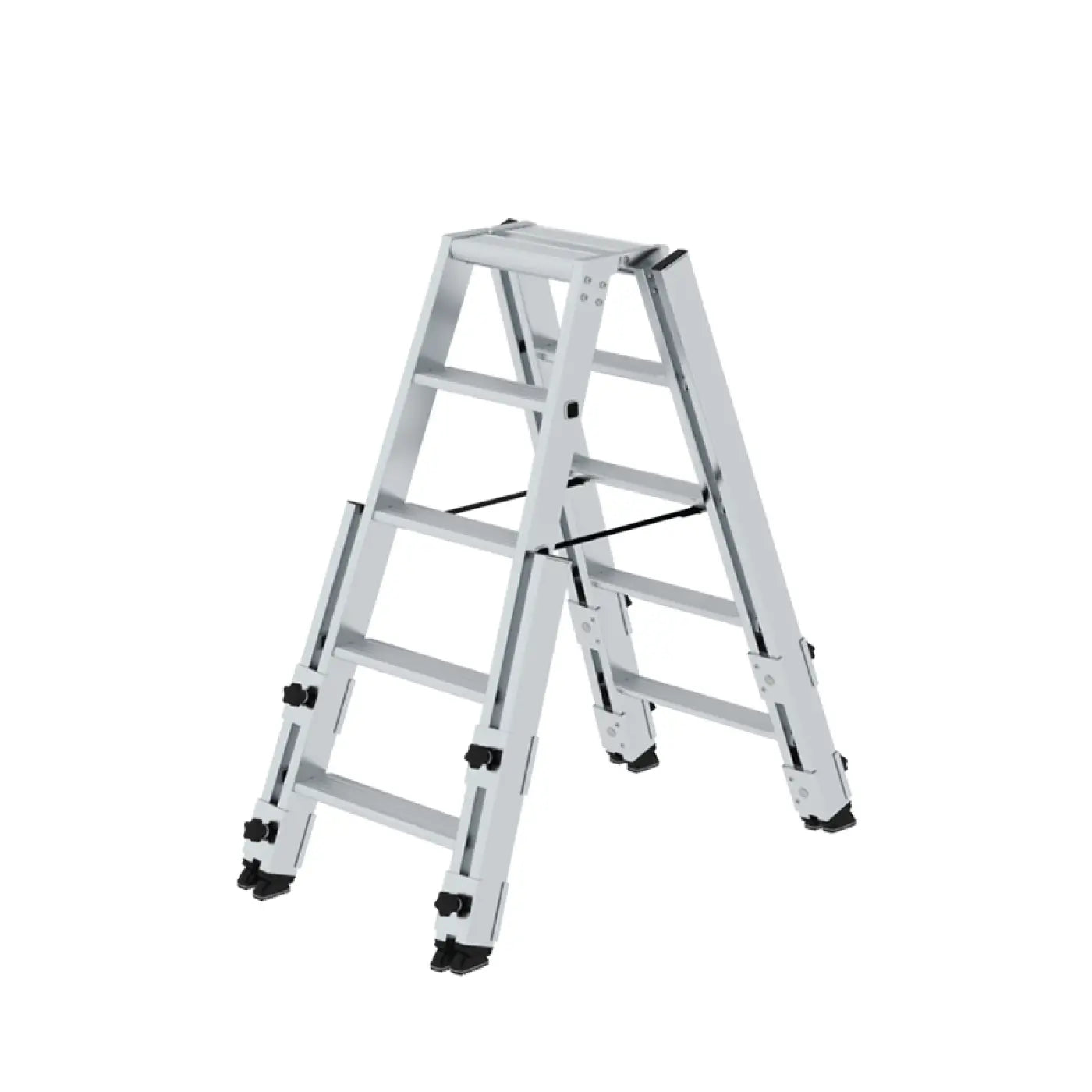 Silberne aluminium a-frame leiter mit schwarzen gummifüßen und stufen münk stufen-stehleiter treppengängig