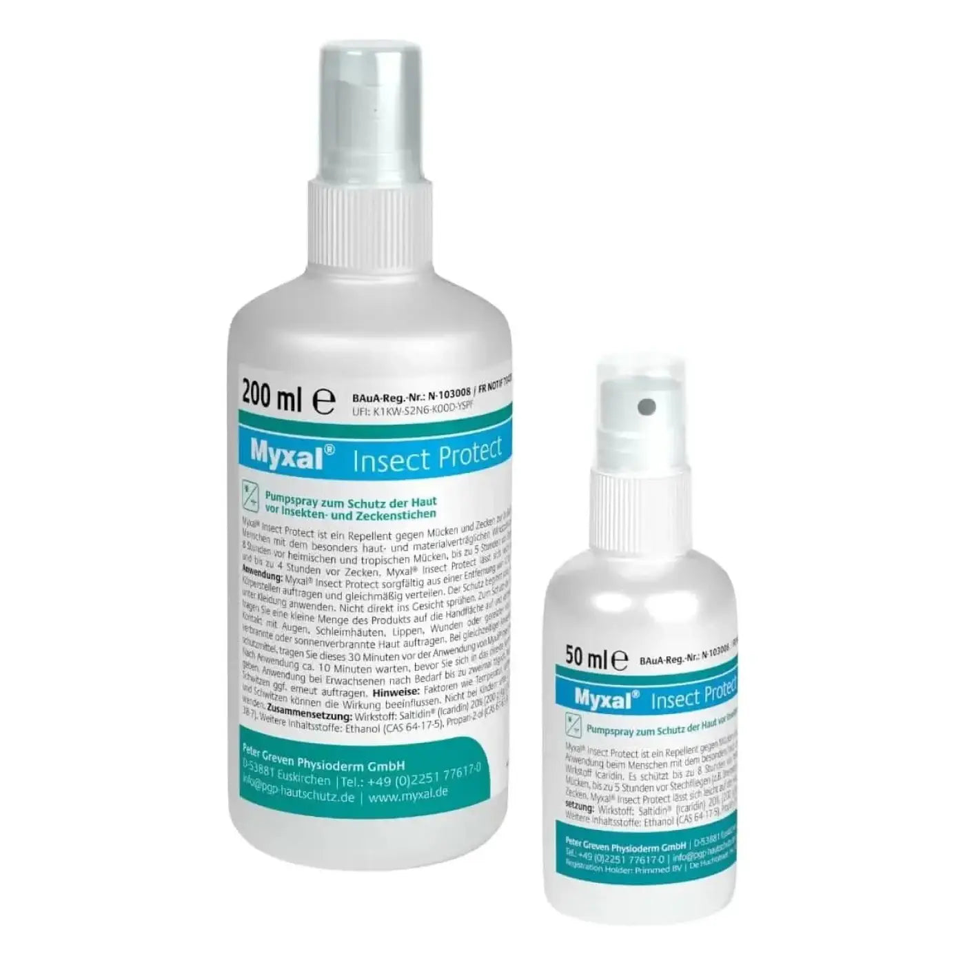 Two transparent plastic spray bottles of myxal insect protect mückenspray with silver caps and teal labels in 200 ml and 50 ml sizes