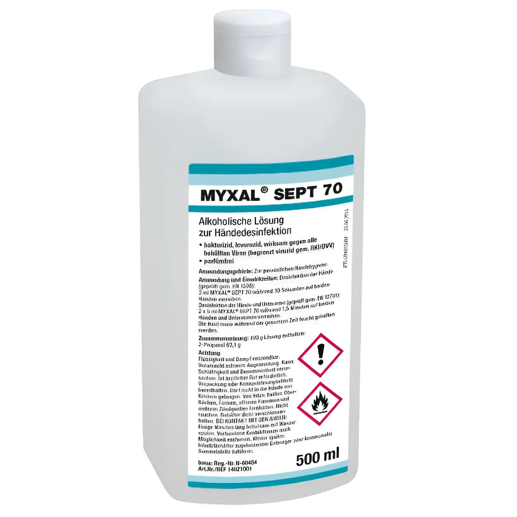 Weiße plastikflasche mit türkis-weißem etikett myxal sept 70 alkoholisches handdesinfektionsmittel 500 ml