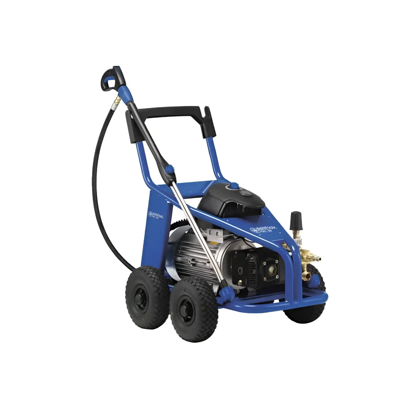 Nilfisk hochdruckreiniger mc 8p-160/2500 blau mit schwarzem griff, rädern und motor von der rückseite
