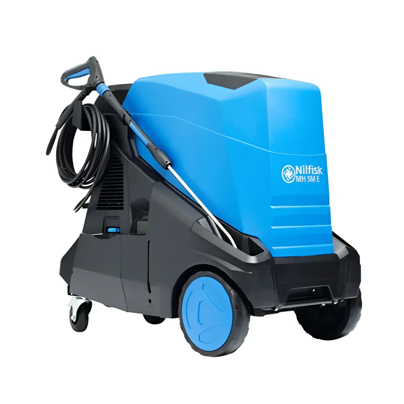 Nilfisk hochdruckreiniger mh 5m 180 800 e24 in blau und schwarz mit aufgerolltem schlauch und seitlich montiertem sprühstab