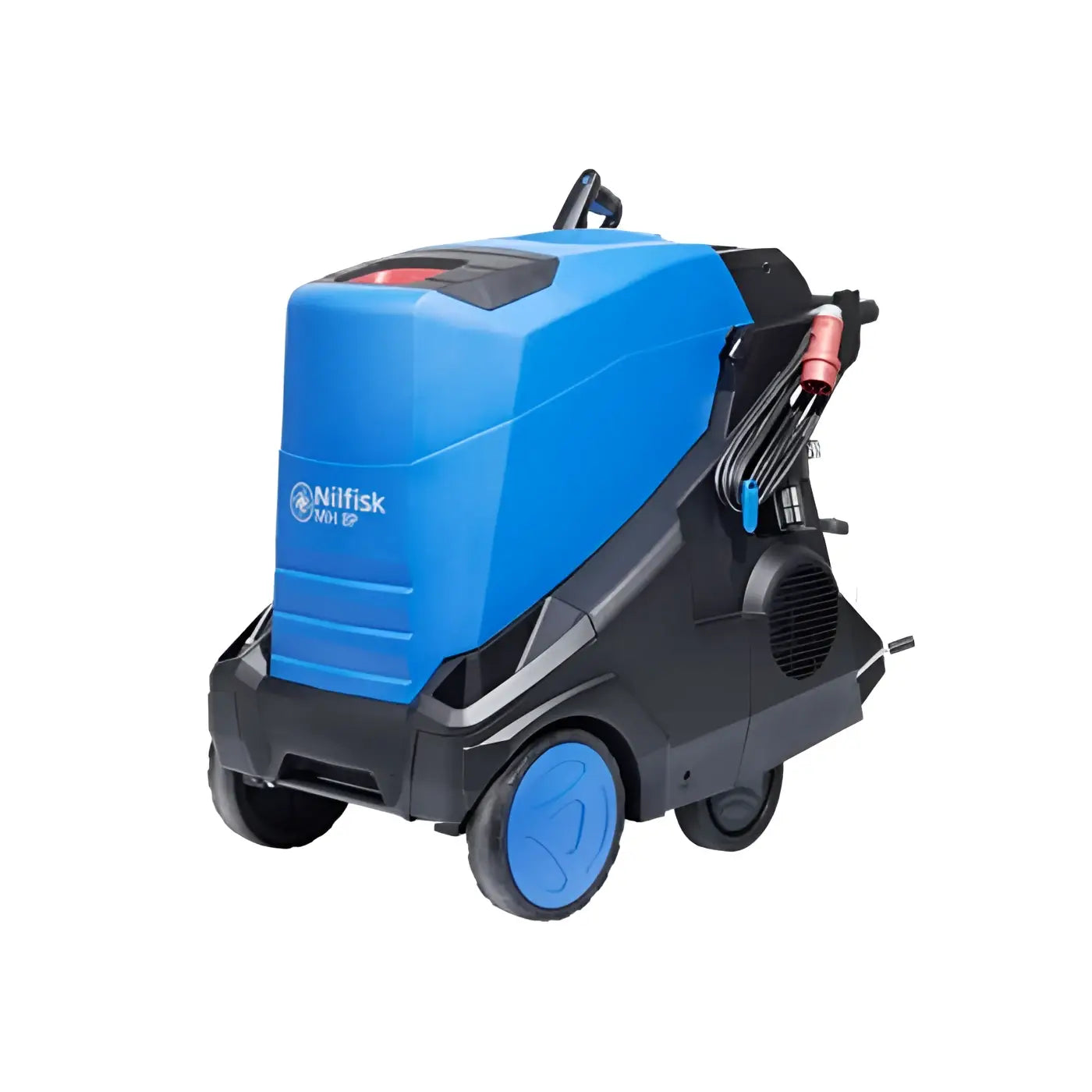Nilfisk hochdruckreiniger mh 8p-180/2000 fa in blau und schwarz mit kompakter bauweise, blauen rädern und integrierten schläuchen