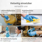 Gelber schwamm mit weißer runder bürstenaufsatz in nitrilhandschuhe rapid-on puderfrei 100 stück packaging