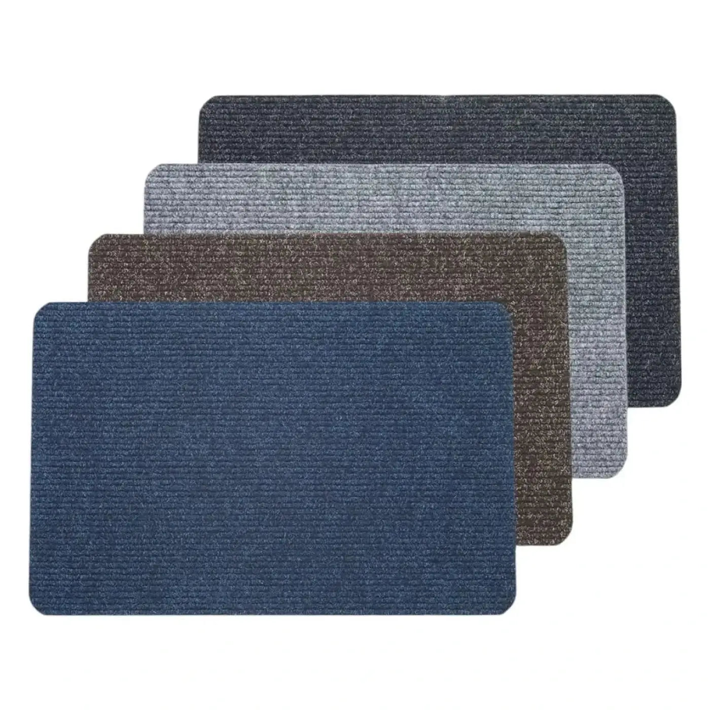 Set von fünf nölle fußmatten nadelfilzmatten gerippt in navy blau grau braun und dunkel anthrazit