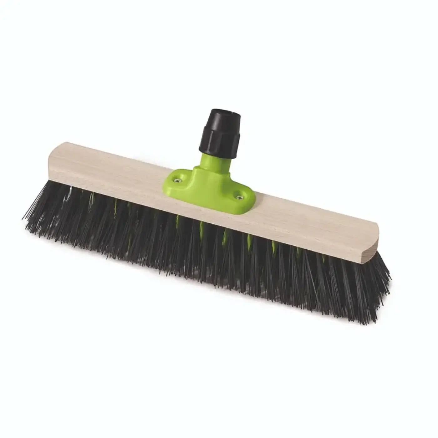 A sturdy Nölle Prestige X-Besen floor brush with a light wood handle, bright green connector, and black bristles