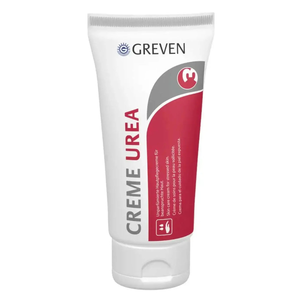 Weiße tube peter greven creme urea handcreme und gesichtscreme mit roter und grauer beschriftung