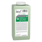 Eine 2000 ml flasche peter greven soft u eco handreiniger aus durchsichtigem hellgrünem plastik mit weißem mehrsprachigem etikett