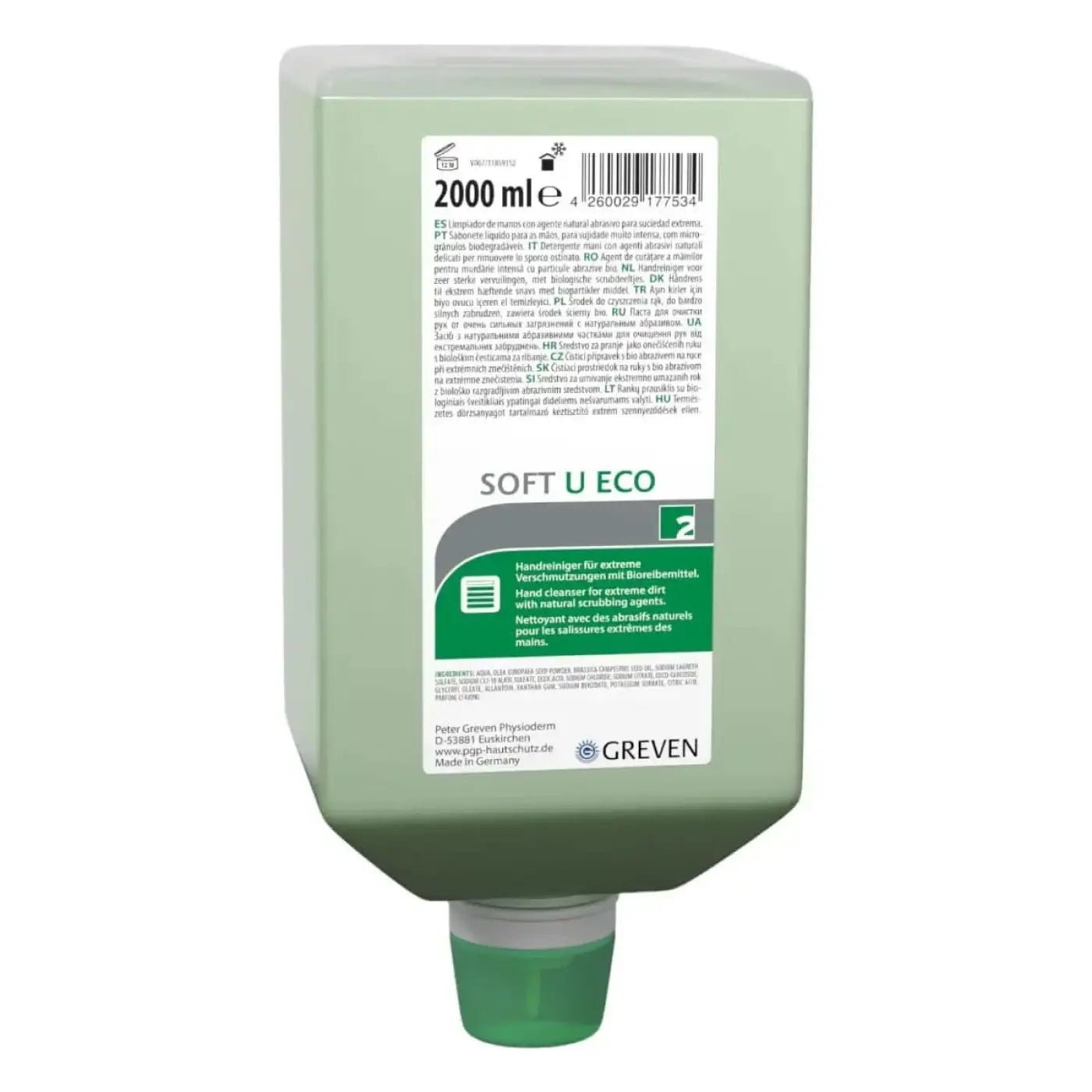 Eine matte salbeigrüne kunststoffspenderflasche soft u eco von peter greven für natürlichen handreiniger
