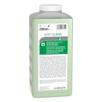 A translucent light green plastic bottle with white cap labeled greven soft u eco for hand cleaning Peter Greven