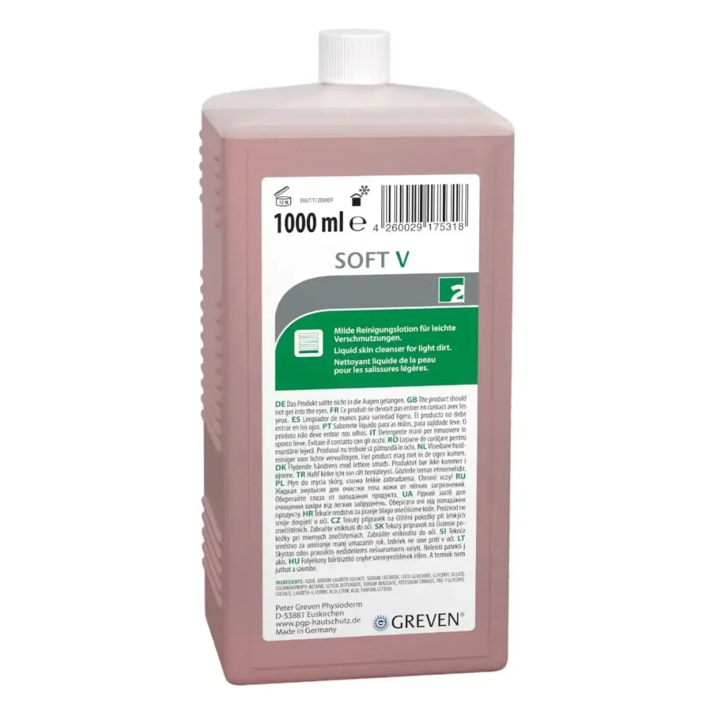 Rosa rechteckige flasche peter greven soft v milde hautreinigungslotion 1000 ml weich pflegendes liquid skin cleanser