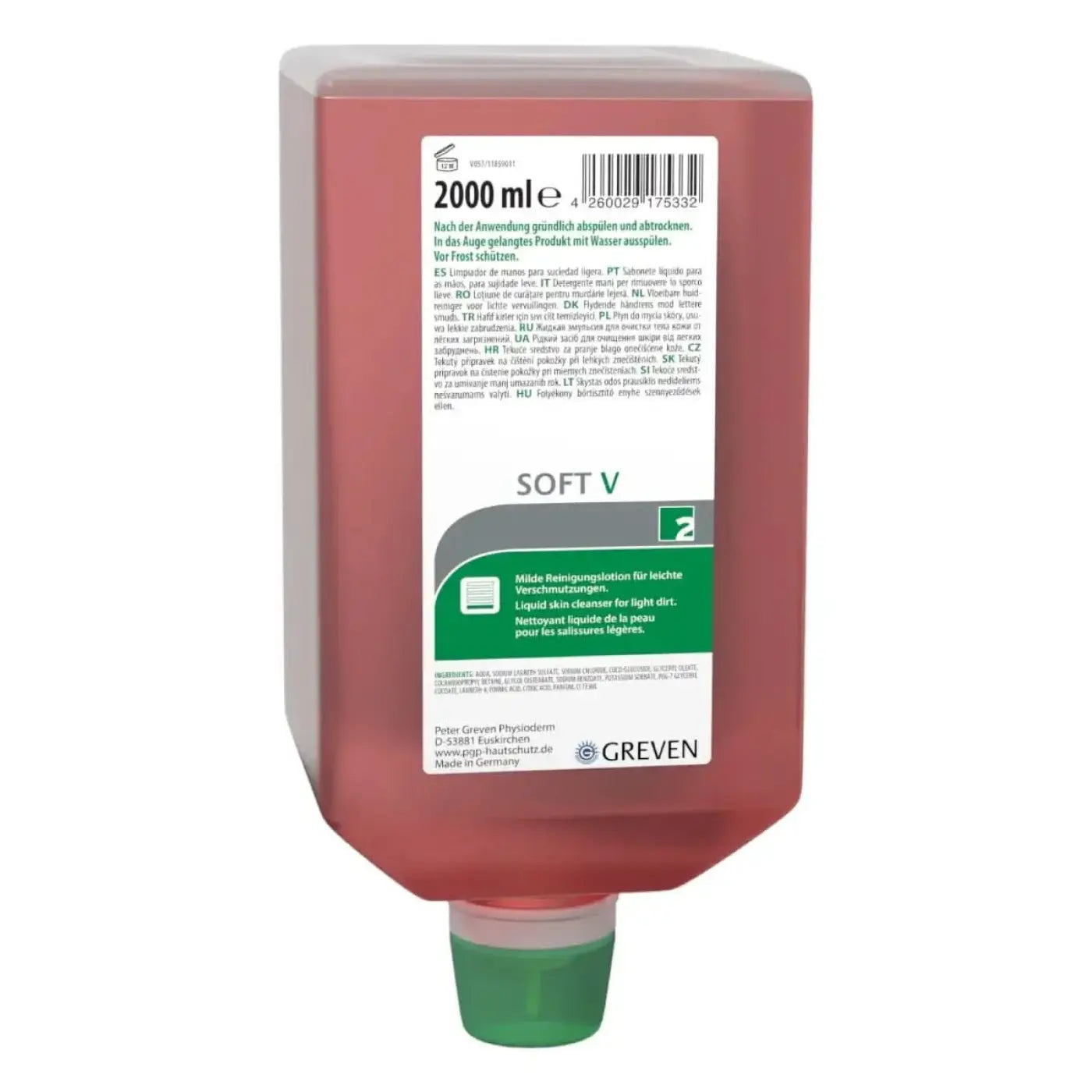 Rote plastikflasche mit grünem verschluss soft v milde hautreinigungslotion von peter greven