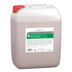 Weißer plastikkanister mit rotem verschluss und hellrosa soft v milde hautreinigungslotion von peter greven