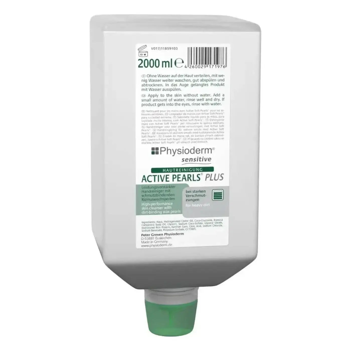 Weiße plastikflasche mit grünem deckel physioderm sensitive active pearls plus 2000 ml hautreiniger varioflasche