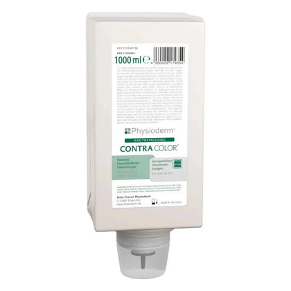 Weiße kunststoffspenderflasche mit grauem pumpmechanismus physioderm contra color spezialhandreiniger 1 l zum reinigen der haut