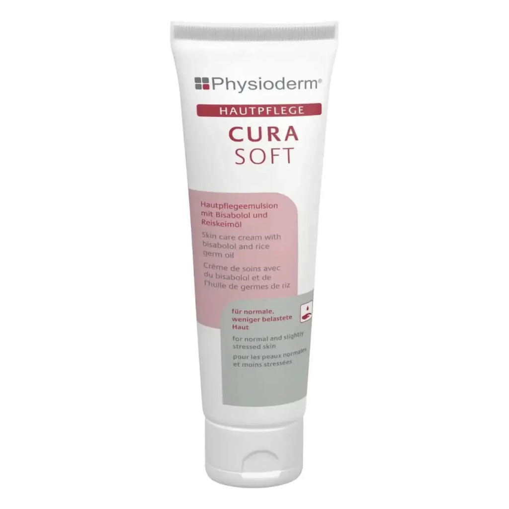 Physioderm cura soft hautpflegecreme in weißer tube mit rosa und grauer etikettierung enthält bisabolol und reisöl für normale bis leicht beanspruchte haut