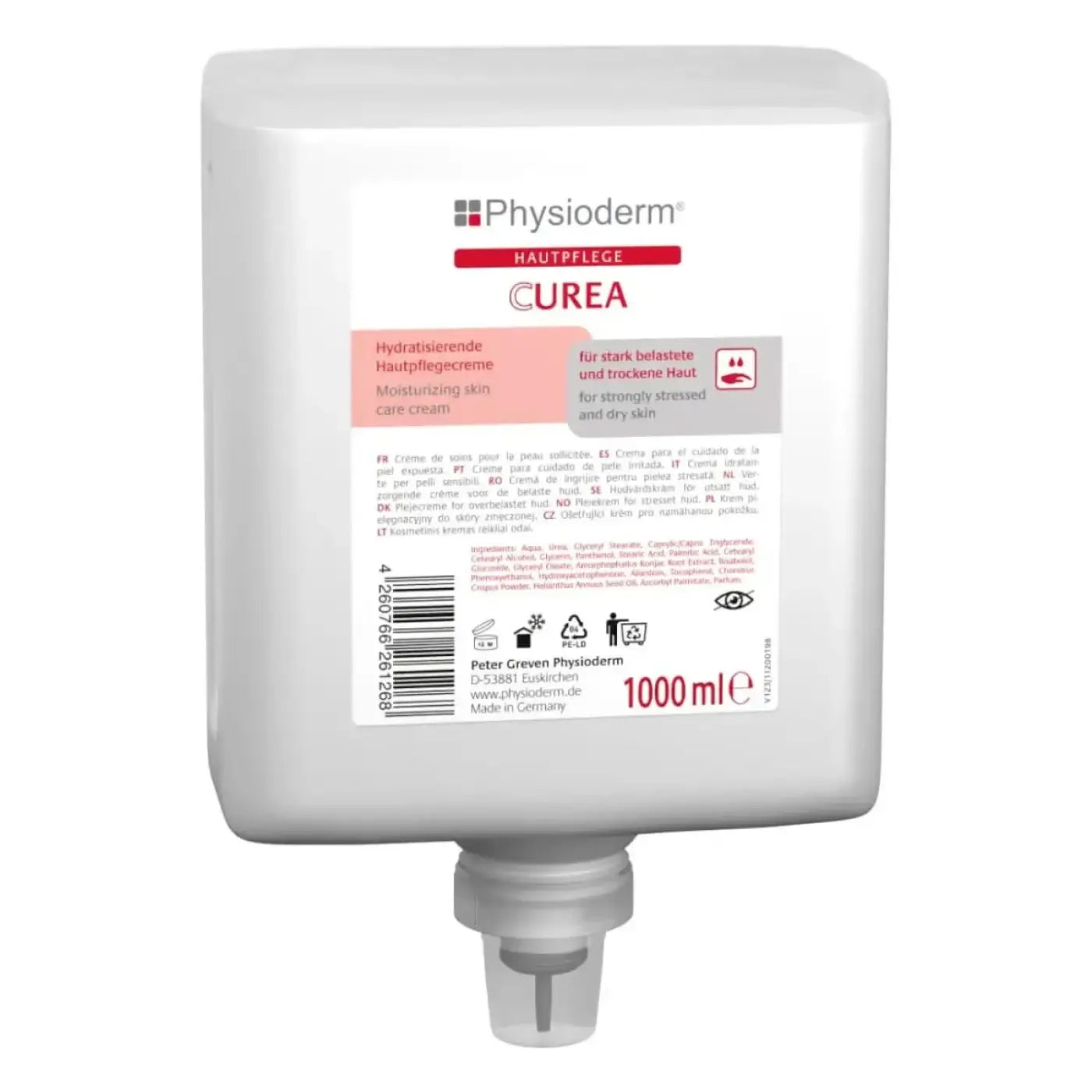 Weiße plastikspenderflasche physioderm curea neu hautpflegecreme 1000ml zur feuchtigkeitsspendenden hautpflege