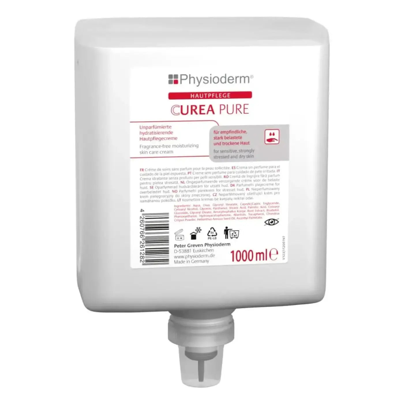 Weißes plastikspenderflasche physioderm curea pure unparfümiert feuchtigkeitsspendende hautcreme 1000 ml