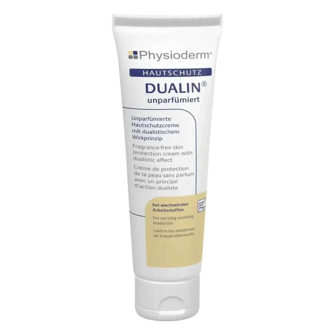 Physioderm dualin unparfümierte hautschutzcreme in weißer tube mit blau-beiger beschriftung für empfindliche haut