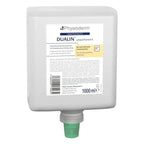 Weiße plastikspenderflasche mit grünem pumpkopf physioderm dualin unparfümiert 1000ml hautschutzcreme