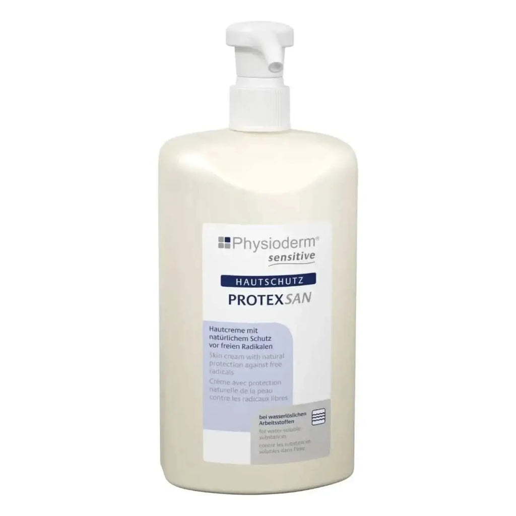 Weiße plastikflasche mit pumpspender von physioderm sensitive protexsan hautschutzcreme für hautschutz