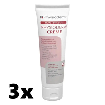 Weiße tube physioderm creme hautpflegecreme für hände und gesicht mit rosa und grauem etikett