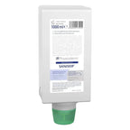 Weißes plastik wandmontierter handdesinfektionsmittelspender mit grünem pumpkopf und beschriftung physioderm saniwip 1000 ml