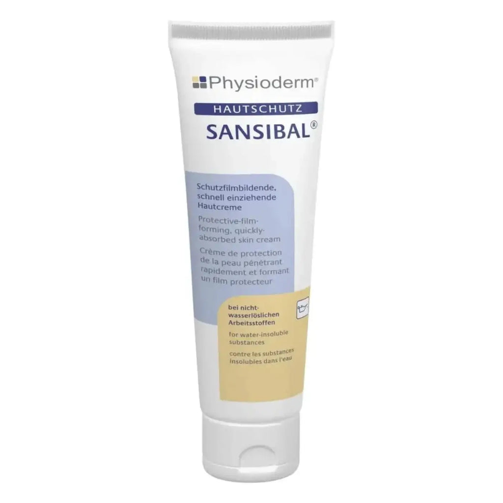 Physioderm sansibal hautschutzcreme schnell einziehende schutzfilm-bildende hautpflege in weißer tube mit blau-beiger etikettierung