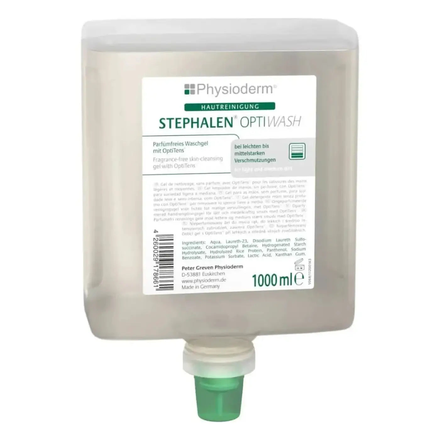 Eine durchsichtige 1000ml plastdispenspaflasche physioderm stephalen optiwash waschgel ohne duft mit grünem deckel
