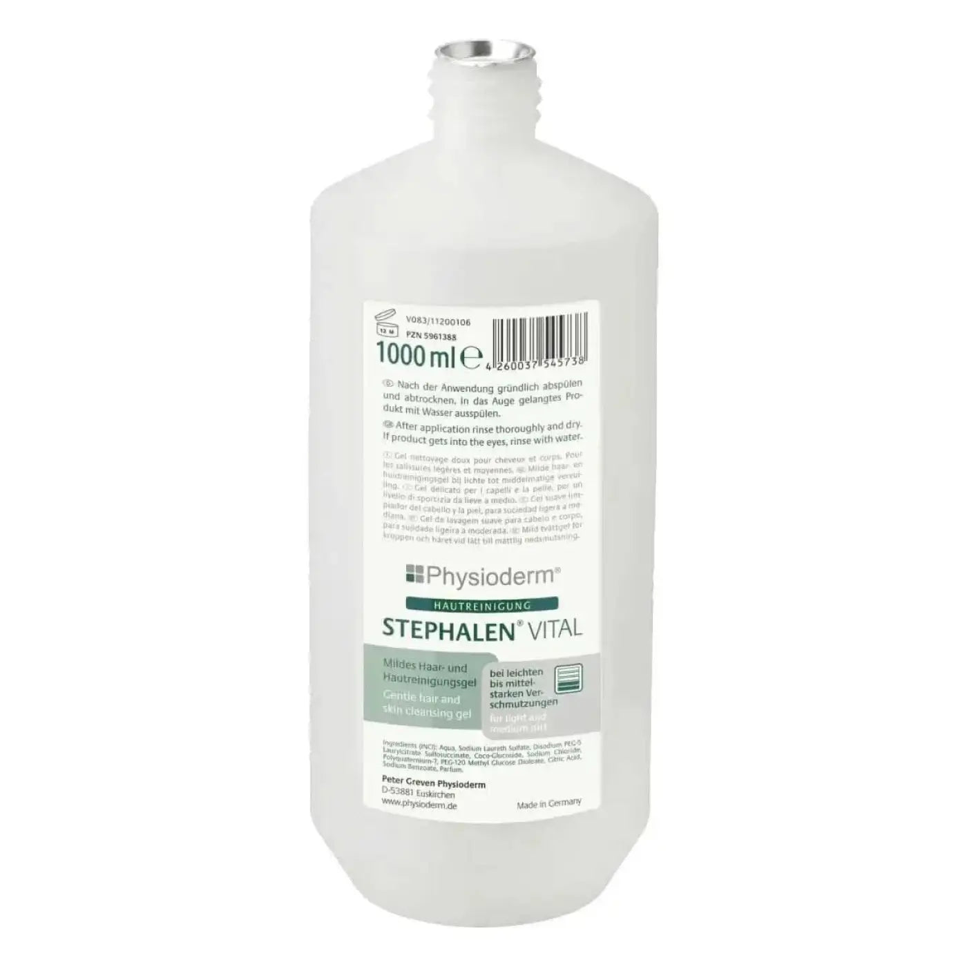 Eine klare plastikflasche mit silberner kappe physioderm stephalen vital 1000 ml sanftes haar und kopfhaut waschgel