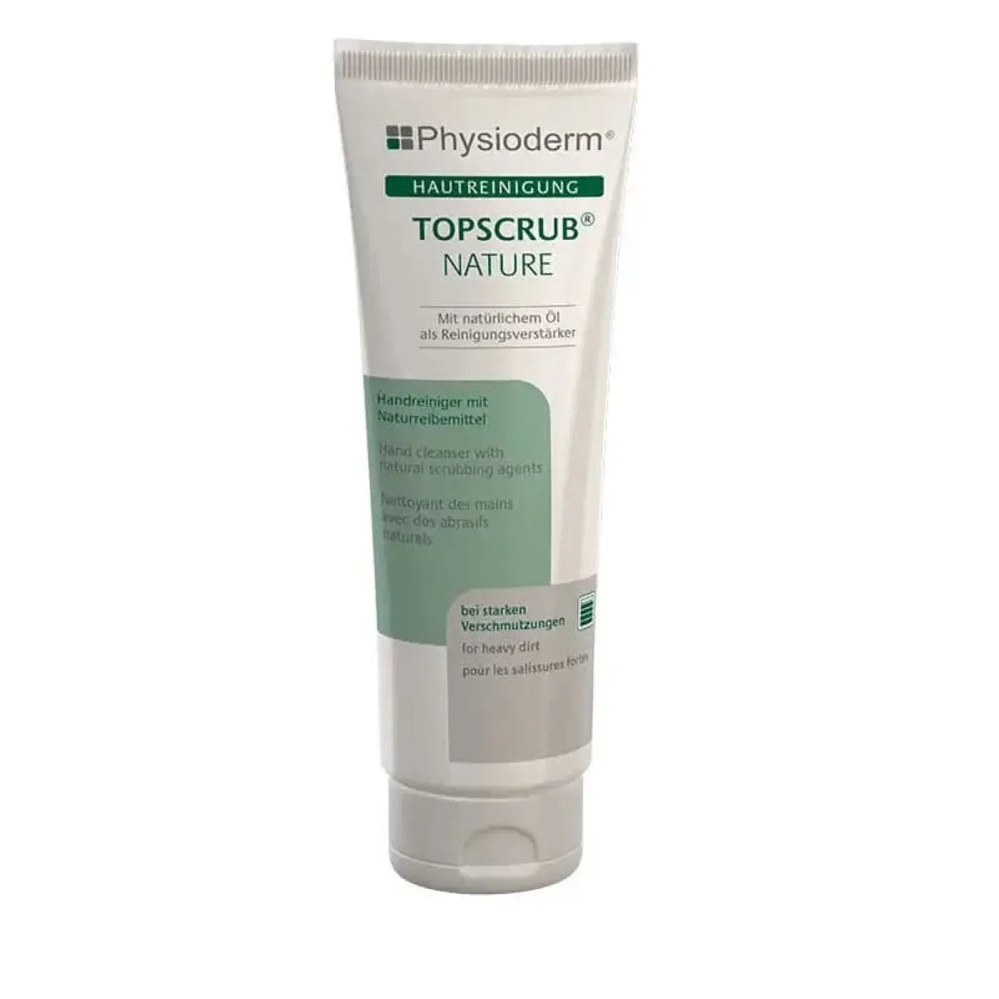 Physioderm topscrub nature handreiniger in weißer tube mit grünem und grauem etikett für sanfte handreinigung