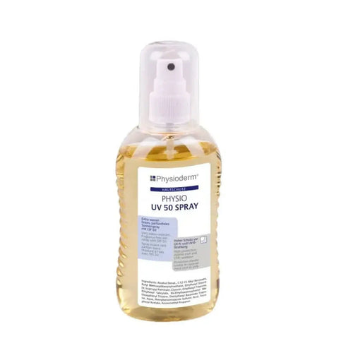Klare plastikflasche mit weißer sprühdüse und goldenem physioderm physio uv 50 spray sonnenschutzöl 200ml