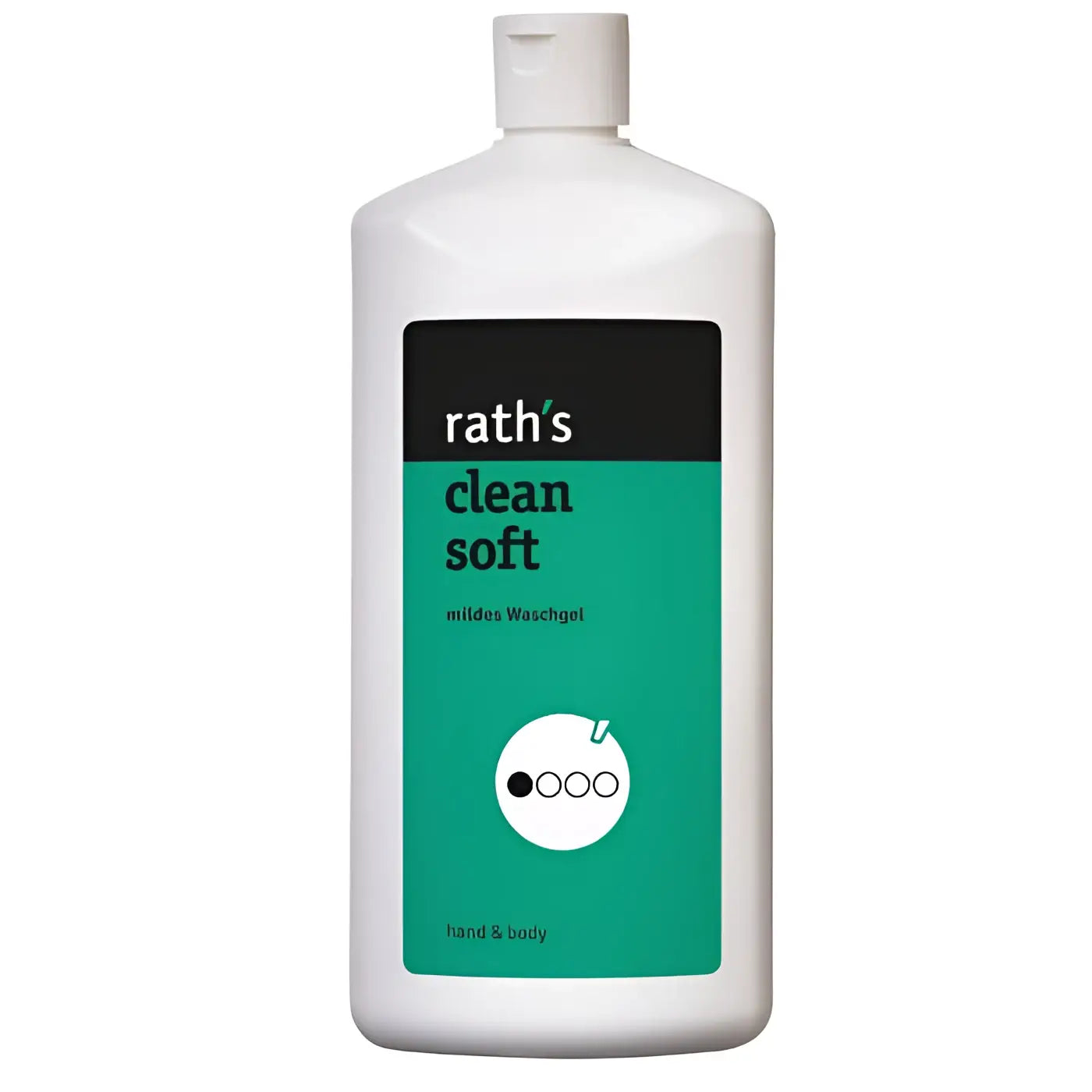 Weiße plastikflasche raths clean soft mildes waschgel 1l mit minimalistischem teal und schwarzem etikett