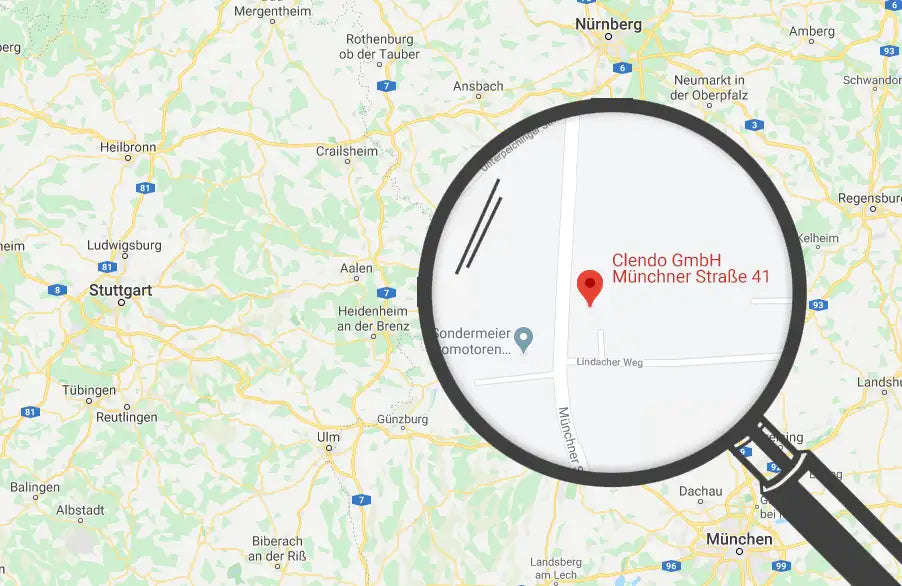 Ausschnitt einer Deutschlandkarte mit vergrößerter Lupe auf Clendo GmbH Standort in München an der Münchner Straße 41.