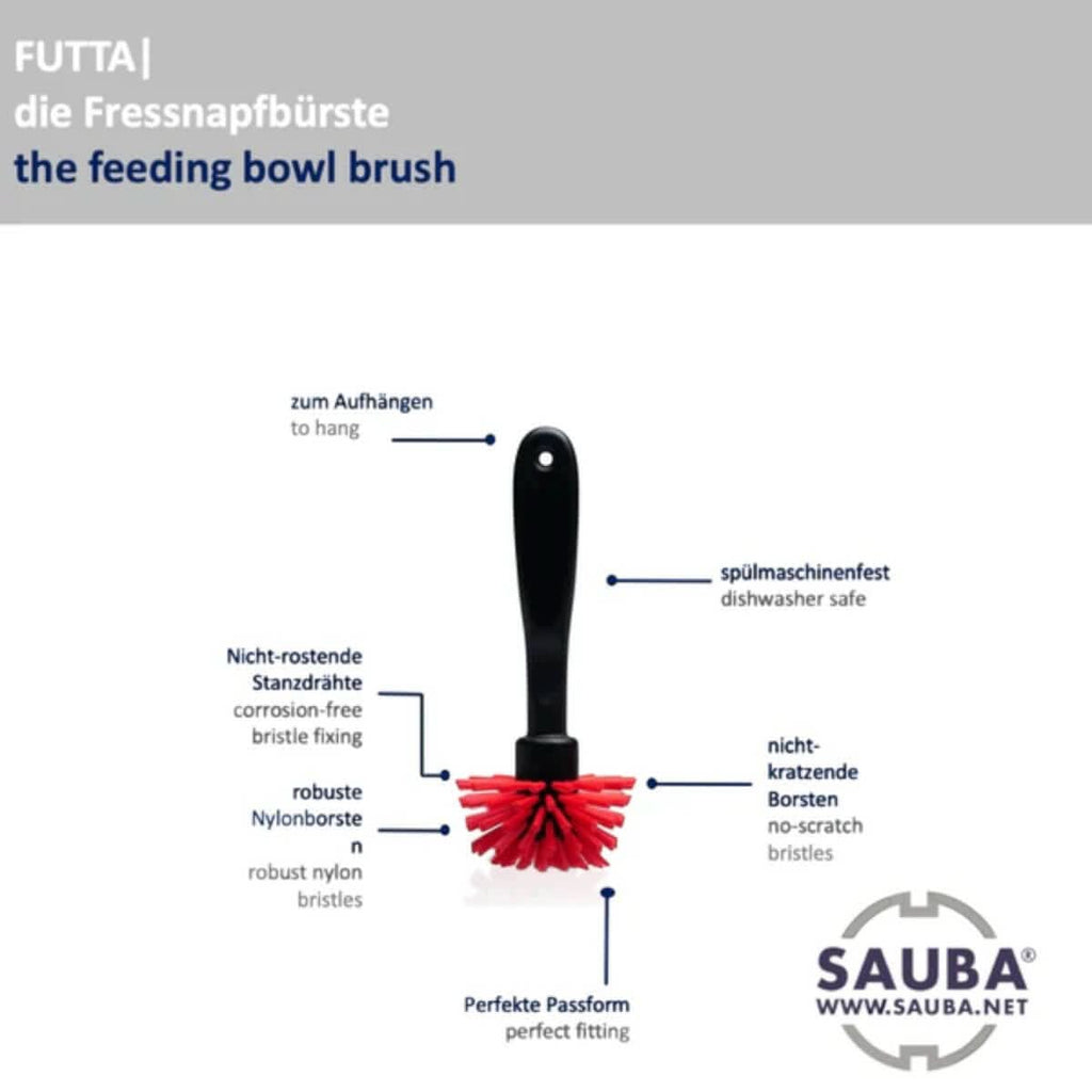 Schwarze griff futternapf bürste mit roten nylonborsten und spülmaschinenfestes design von sauba futta