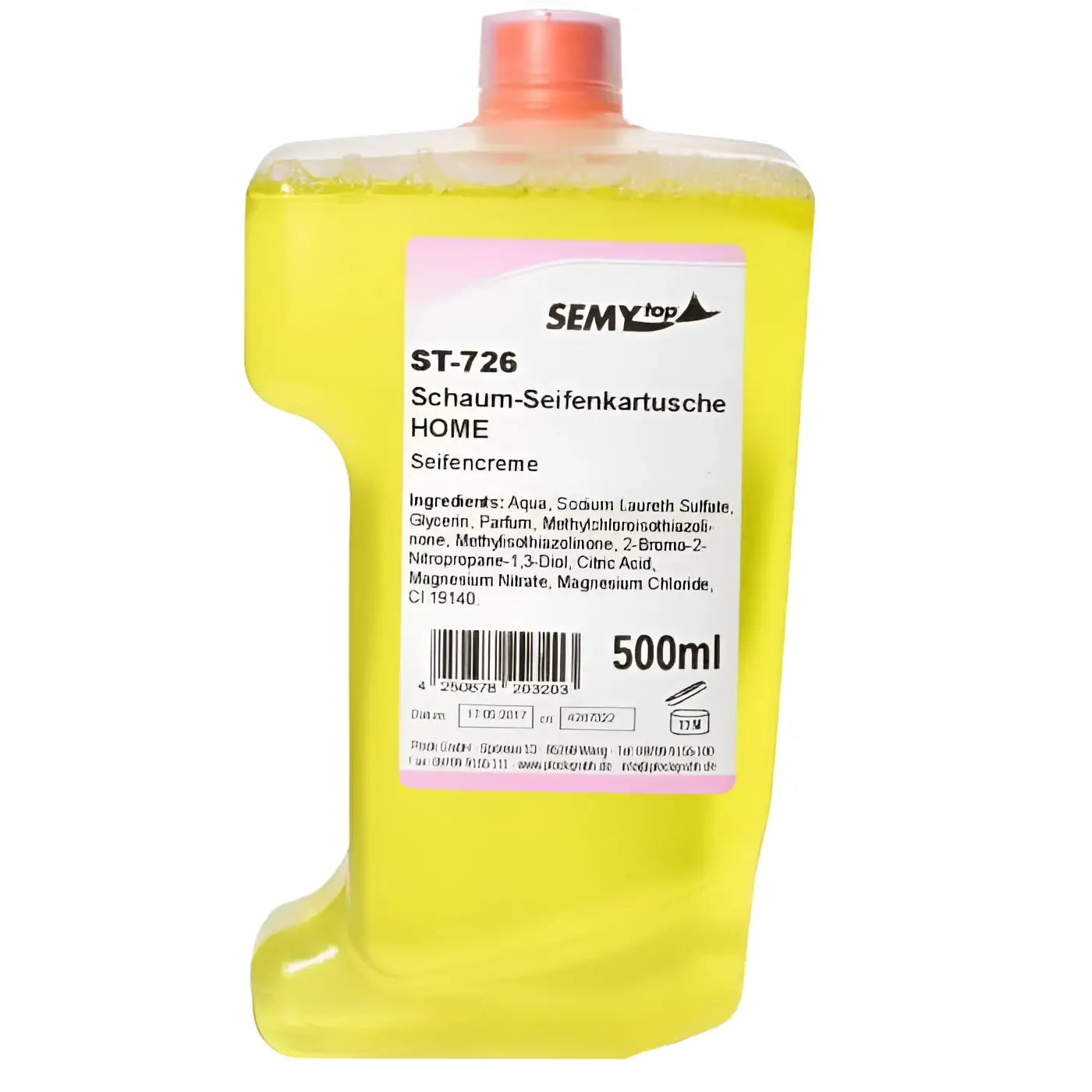 Eine 500ml flasche semytop st-726 schaumseife mit gelber gel-textur und orangefarbenem verschluss
