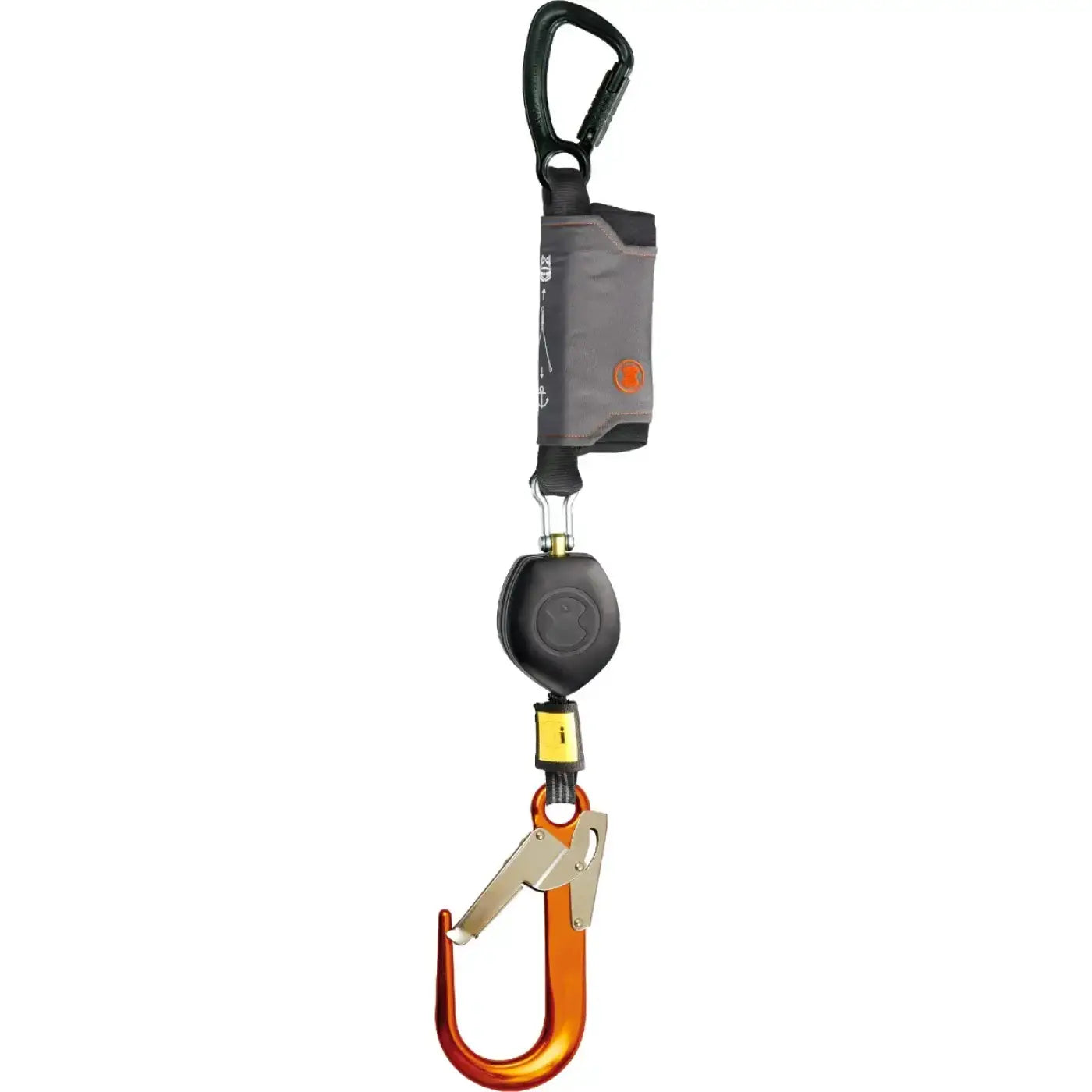 Schwarz orange fall arrest lanyard mit retractable mechanism metallkarabinerhaken und grauem gehäuse skylotec peanut i