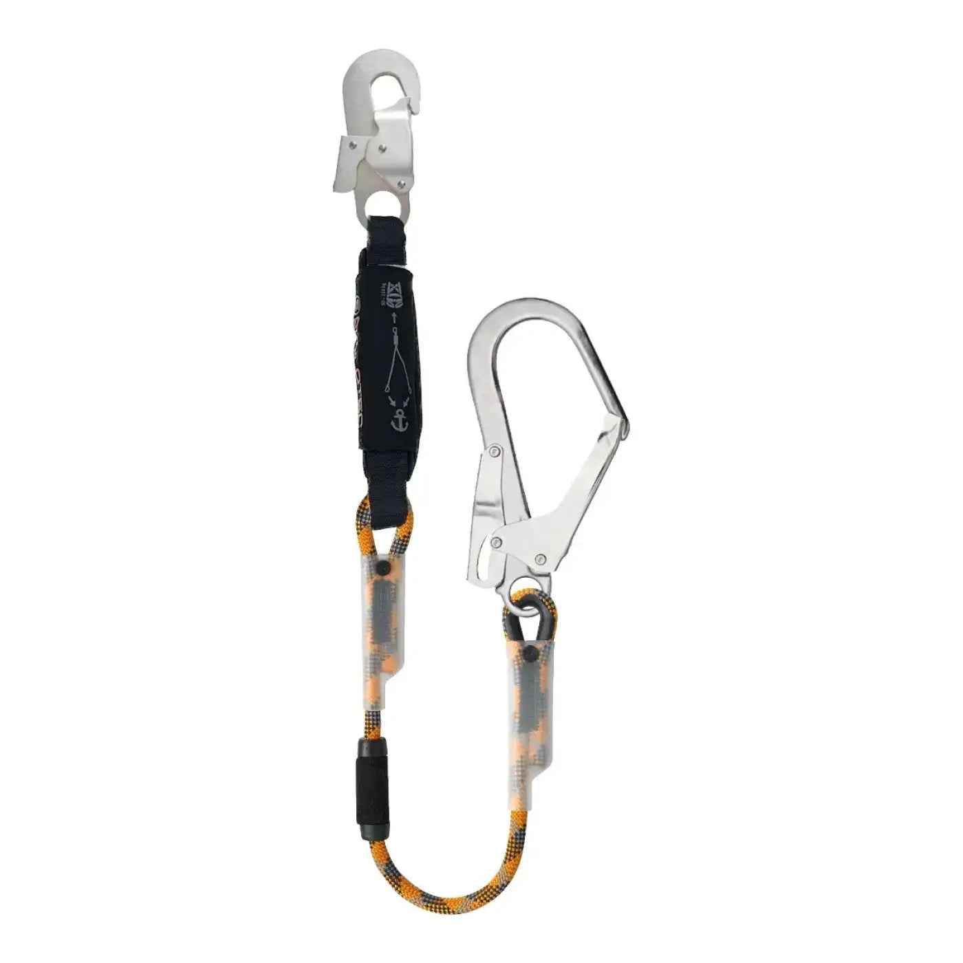 Silberner karabiner und schwarz-orange sicherheitslanyard mit markenlabel für skylotec absturzsicherung skysafe eco-r l-0831-1c8