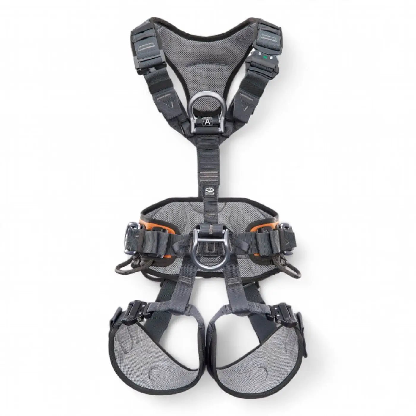 Schwarzer und grauer skyloTEC gryphon sitzgurt mit mesh-polsterung, verstellbaren schnallen und orangefarbenen akzenten