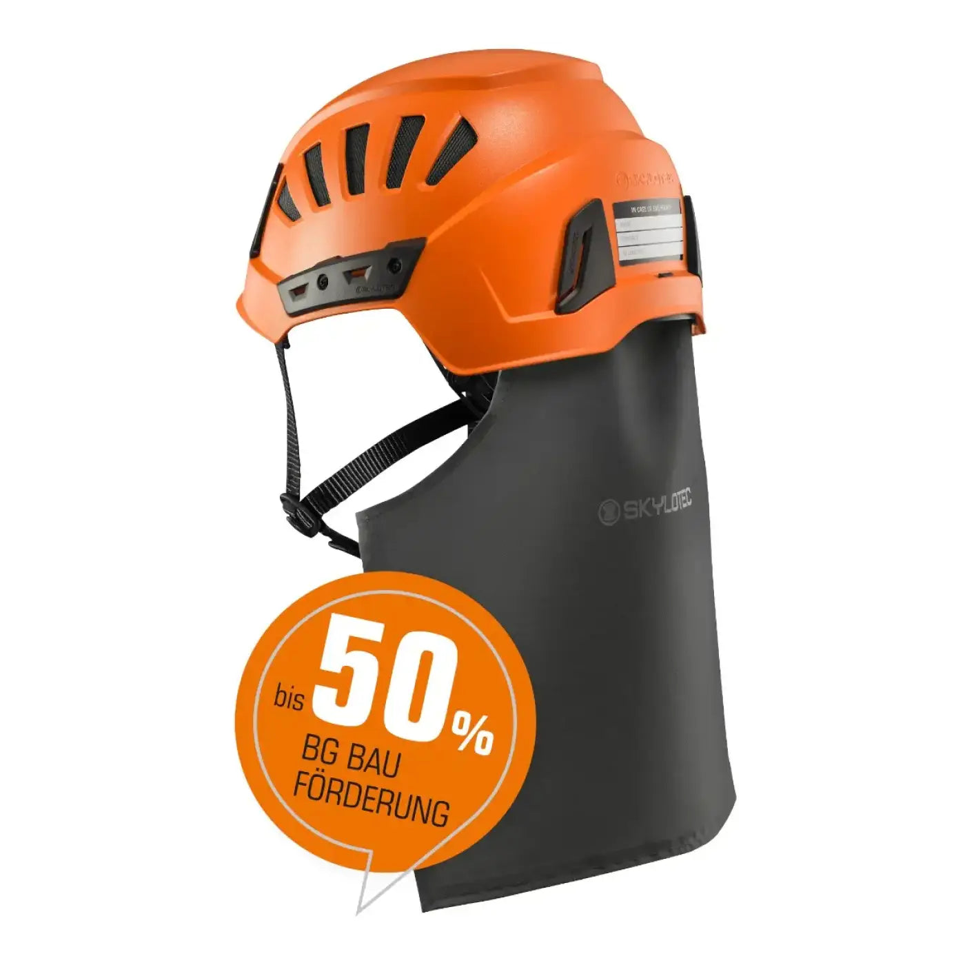 Orange und schwarze skylotec schutzhelm inceptor grx mit gesichtsschutz und neckx schutzfunktion