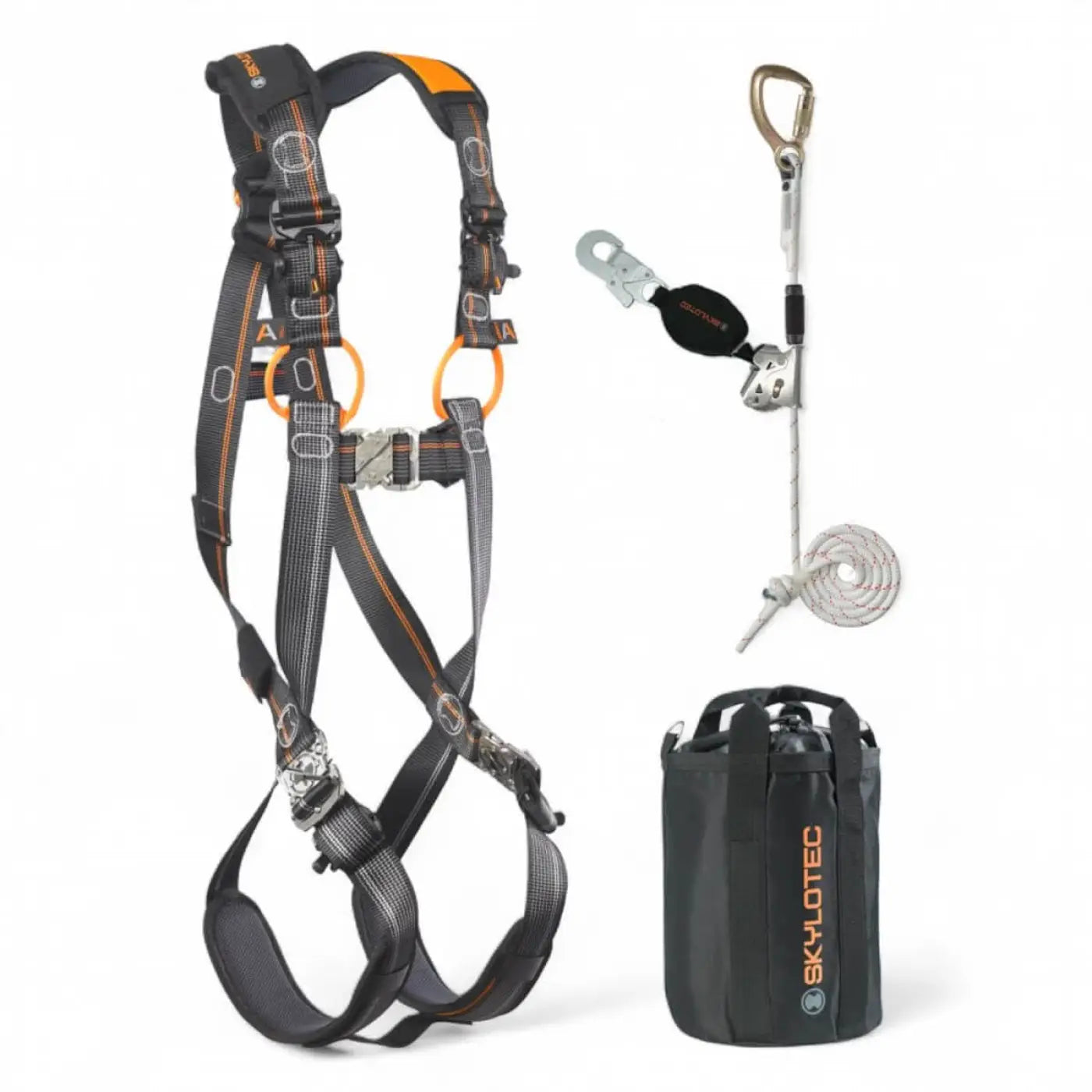 Schwarzer und orangefarbener skylotec roofer kit comfort auffanggurt mit verstellbaren gurten, metall-schnallen und verstärktem gurtband