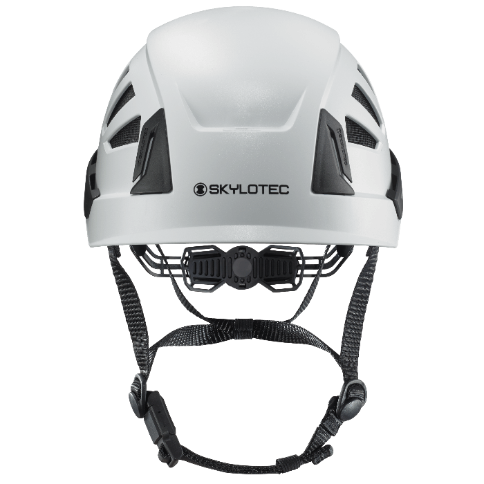 Weißer skylotec inceptor grx schutzhelm mit schwarzen lüftungsschlitzen und verstellbarem kinnriemen